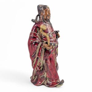 Large Shiwan Pottery Figure Of A Court Official With Ruyi And Lingzhi, Oxblood Glaze, C. 1950s