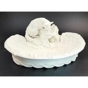 Antique English Parian Ware Fox & Rabbit Dish, Victorian C1850