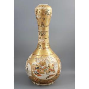 Exceptional Large Meiji Satsuma Vase With Samurai Scenes, Moriage Gilding, C.1880