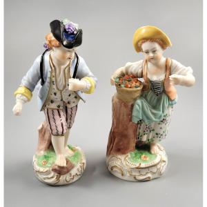 Pair Of Carl Thieme Dresden Porcelain Figurines, Fruit Gatherers, C.1900
