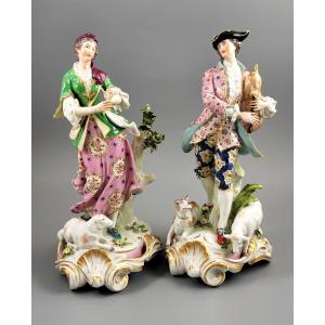 Rare Chelsea Gold Anchor Porcelain Figures Of Shepherds, C.1760