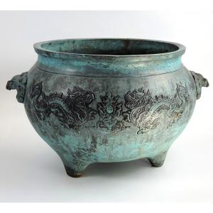 Superb Large 19th C. Chinese Bronze Incense Burner With Dragons, Mask Handles, 5kg
