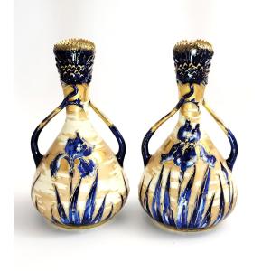 Antique Pair Of Art Nouveau Porcelain Vases, Decorated By Ernst Wahliss, C. 1895
