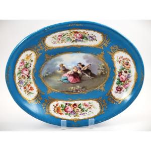 Large Porcelain Platter, Samson, Paris, Sky Blue Background, Gallant Scene, Circa 1880