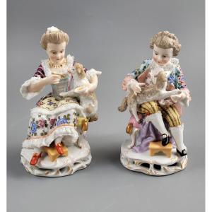 Pair Of Sitzendorf Porcelain Figures, Children With Pet Lambs, Germany C.1887