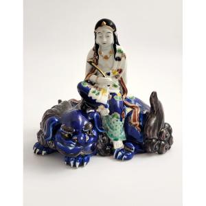 Early Meiji Kutani Porcelain Figure Of Kannon On Shishi, Japan, C.1870