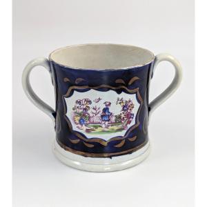 Staffordshire Pearlware Loving Cup, Chinoiserie, Cobalt & Gilt, C.1820
