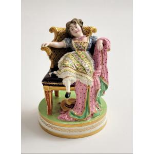 Rare Minton Porcelain Figure Girl In Louis XVI Chair, Shape No.125, Mid 19th Century