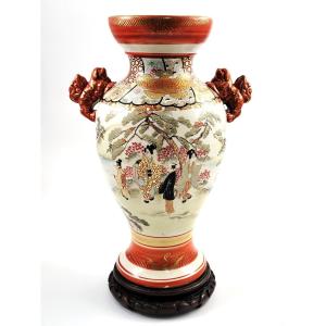 Large Japanese Kutani Vase, Moriage, Lion Handles, Original Base, Circa 1890