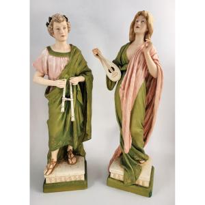 Pair Of Large Antique Eichwald Porcelain Figures, Signed Hampel, 1905