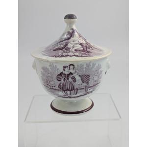 Rare Staffordshire Mulberry Sugar Bowl With Lid, Lion Mask Handles, C.1840