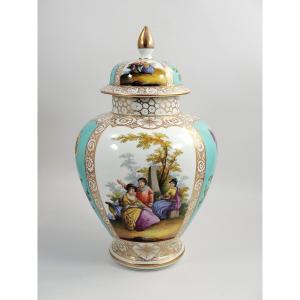 Helena Wolfsohn Large Vase With Lid, Watteau Scenes & Turquoise, C.1880