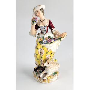 German Porcelain Shepherdess Figure, Chelsea-derby Style, Late 19th Century