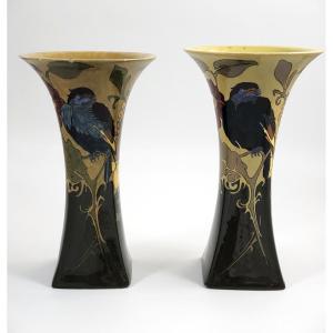 Antique Rozenburg Den Haag Pair Art Nouveau Vases, Birds & Flowers, Signed, C.1900