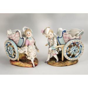 Kister Porzellan-manufaktur, Pair Of Porcelain Figural Flower Carts, C.1887.