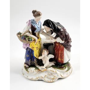Oldest Volkstedt Porcelain Group, Fortune Teller With Cupid, 1915