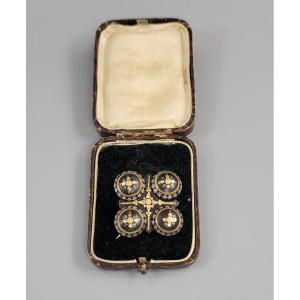 Victorian Tortoiseshell Piqué Work Quatrefoil Brooch, Gold & Silver Inlay, C.1860