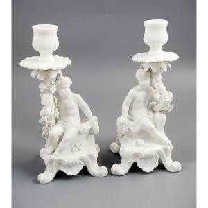 Rare Antique Minton Pair Of Figural Candlesticks, C.1820s