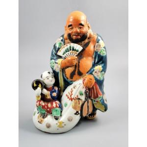 Meiji Satsuma Figure: Hotei With Karako (tomoe Drum), C.1890
