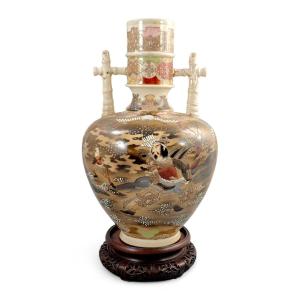 Rare Kinkozan Satsuma Samurai Vase With Bamboo Crossbar Handles, Meiji Japan, C. 1875–1885