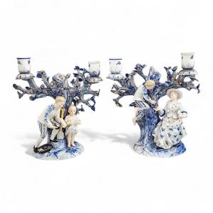 Ernst Bohne & Söhne, Rudolstadt — Pair Of Figural Tree Candelabra In Blue & White, C. 1878