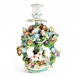 Derby Porcelain Candlestick "dog And Birds", Museum Quality Example Circa 1760