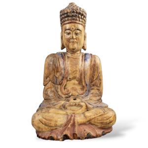 19th-century Chinese Temple Buddha In Carved Wood With Original Candle Aperture