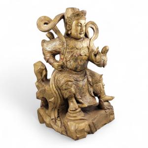 Large 19th-century Chinese Temple Guardian “zhenwu”, Gilt & Painted Wood
