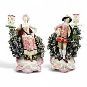 Rare Derby Porcelain Candlestick Figures “ranelagh Dancers” — Complete Georgian Pair With Sconc