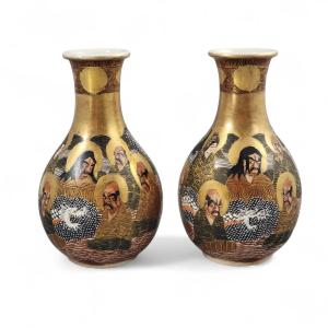 Pair Of Japanese Satsuma Vases, Heavy Raised Gilt And Arhat Motifs, C.1890–1910