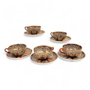 Chinese Export “thousand Lohan” Set Of Five Cups & Saucers, Late 19th Century