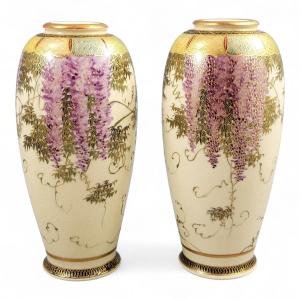 Signed Pair Of Satsuma Wisteria Vases By Tagawa, Kyoto, C. 1900–1920