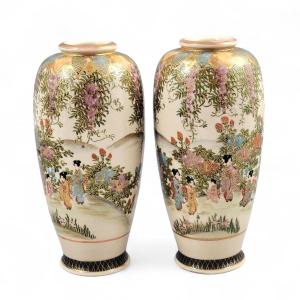 Signed Pair Of Satsuma ‘wisteria Garden’ Vases By Hakusan, Kyoto, C. 1890–1915