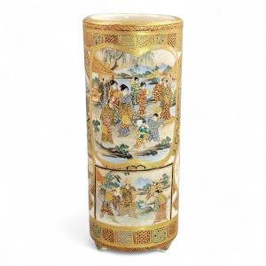 Meiji Satsuma Cylindrical Vase With All-over Samurai Decoration