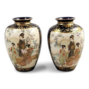 Pair Of Kinkozan Kyoto Satsuma Vases With Cobalt And Gold, Meiji Japan
