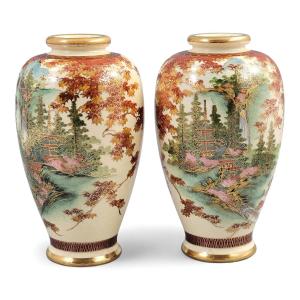 Pair Of Kyoto Satsuma Landscape Vases, Late Meiji