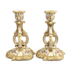 Pair Of Derby Rococo Porcelain Candlesticks, C.1825–1830
