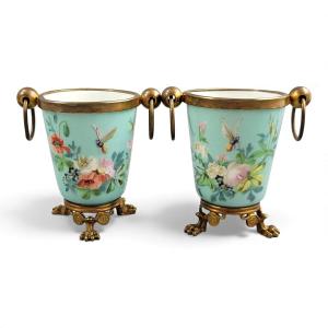 Pair Of Old Paris Turquoise Porcelain & Bronze Cache-pots, C.1835–1850