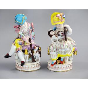 Meissen Pair Of Porcelain Figures, Boy And Girl With Dogs, C.1785