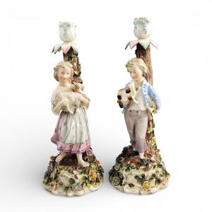 Pair Of Large Sitzendorf Figural Porcelain Candlesticks, Germany, C.1890