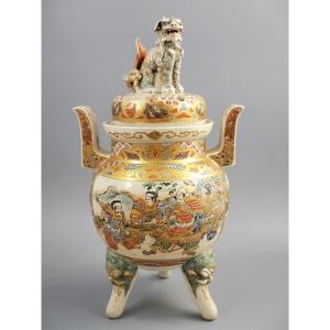 Satsuma Kyoto Incense Burner, Meiji Period C.1895, Shishi, Moriage, 34 Cm