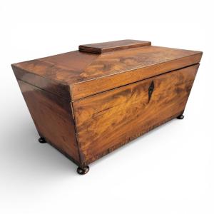 English Regency Mahogany Tea Caddy With Cut Glass Bowl, Early 19th Century