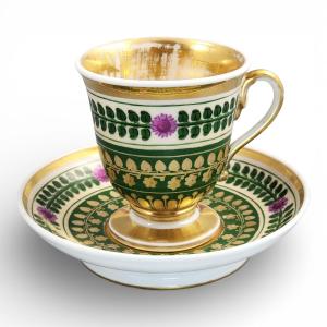 Giesshübel Kysibl Empire Porcelain Cup And Saucer, Bohemia, C.1820