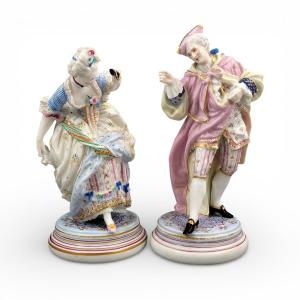 Paris Porcelain Masquerade Figures, Gallant And Lady, Style Of Vion & Baury, C. 1860
