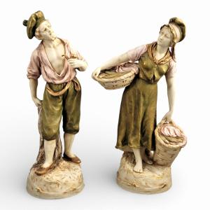 Royal Dux Porcelain Figures Of A Fisherman And Fisherwoman, Bohemia, C. 1918
