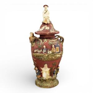 Monumental Continental Maiolica Vase With Chinoiserie Relief, C.1860–1880