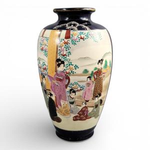 Satsuma Cobalt-ground Moriage Vase With Court Scenes, Japan, C. 1890–1910