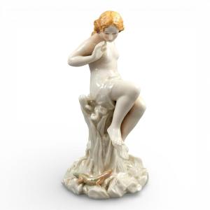 Royal Worcester Iridescent Porcelain Sculpture Of A Maiden And Lizard, C.1870