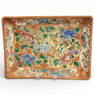Rare Meiji Era Heavy Kutani Rectangular Platter - Kinrande Gold & Moriage Peonies