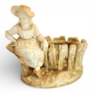Royal Worcester Figural Jardinière By James Hadley, Girl At Rustic Fence, 1888